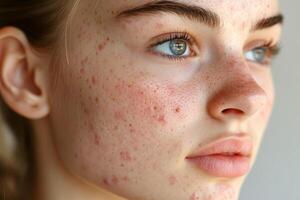 Capturing natural beauty during a close-up portrait in soft lighting with clear skin texture and freckles photo