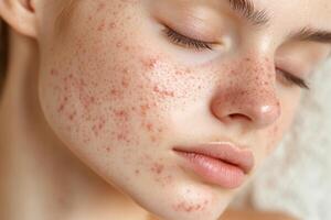 Close-up of a person with acne on their face showcasing skin texture and imperfections in a natural light setting photo