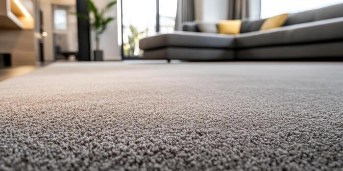 Light and airy modern living room with soft carpet and spacious seating area photo