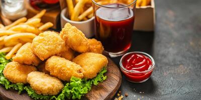 Juicy chicken nuggets served with fries and a refreshing drink at a casual dining setting photo