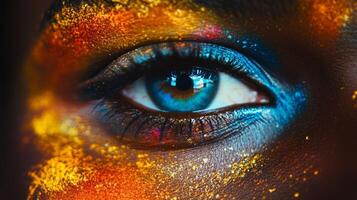 Close-up of vibrant eye adorned with colorful makeup in artistic expression photo