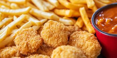 Crispy chicken nuggets served with golden fries and dipping sauce during a casual dining experience photo