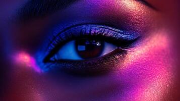 Vibrant close-up of a woman's eye showcasing colorful makeup artistry at a creative event photo