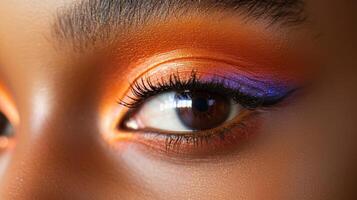 Vibrant close-up of a young person's eye showcasing bold orange and purple eyeshadow in a well-lit setting photo