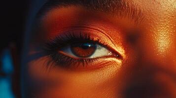 Close-up of an expressive eye with vibrant makeup highlighting features in bright sunlight photo