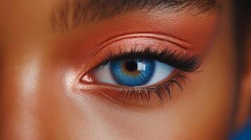 Captivating close-up of a blue eye with striking makeup and flawless skin accentuated by warm tones in beauty style photo