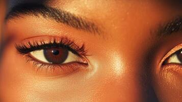 Captivating close-up of eyes reflecting the warmth of golden hour light in a serene atmosphere photo