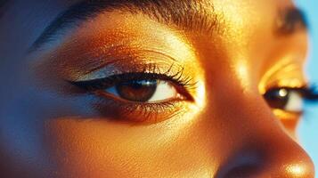 Close-up of a woman's eye highlighting golden makeup and glowing skin under warm sunlight in an outdoor setting photo