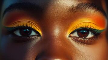 Vibrant makeup artistry showcases bold colors on model's eyes during a creative photoshoot photo