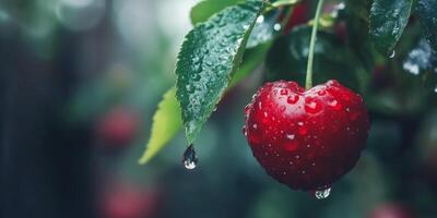 Fresh red cherry with water droplets hanging from a green leaf in a garden after a rain shower photo