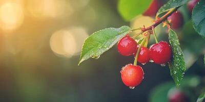 Fresh red cherries glistening with water droplets in the early morning sunlight on a summer day photo