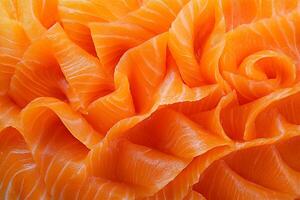 Fresh sushi-grade salmon delicately arranged for a culinary presentation at a seaside restaurant photo