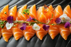 Sliced salmon sashimi presented with vibrant edible flowers on a black plate during a gourmet dining experience photo