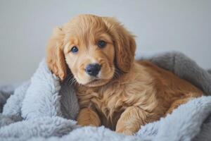 Golden puppy rests on a soft blanket, exuding a cozy and playful charm in a serene indoor setting photo