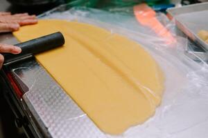 Crafting dough preparation using rolling pin for baking pastries or cookies photo
