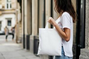 Young woman walks on city street carrying a white tote bag while exploring local shops in the afternoon light photo