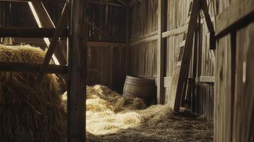 Rustic barn interior showcasing straw, wooden beams, and a barrel, creating a warm, inviting atmosphere for farm life and agriculture concept photo
