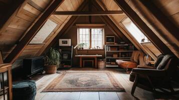 Cozy attic interior featuring wooden beams, natural light, and comfortable furniture, creating a warm atmosphere for relaxation and creativity, home decor concept photo