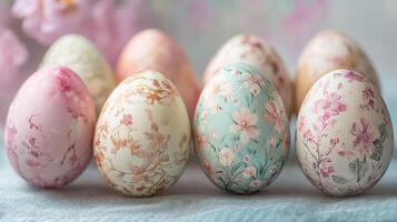 Decorative Easter eggs in pastel colors arranged beautifully on a soft background showcasing floral patterns and textures for a festive spring celebration concept photo