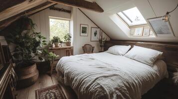 Cozy attic bedroom with natural light, plants, and rustic decor creating a serene atmosphere for relaxation and comfort in a modern home, interior design concept photo