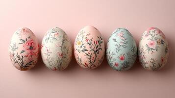 Decorative Easter eggs with floral patterns arranged on a soft pink background showcasing vibrant colors and intricate designs for festive celebrations concept photo
