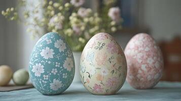 Decorative Easter eggs in pastel colors with floral patterns arranged on a table, surrounded by soft lighting and a bouquet of flowers, spring celebration concept photo