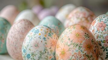 Decorative Easter eggs in pastel colors arranged beautifully on a table showcasing floral patterns and intricate designs for a festive celebration concept photo