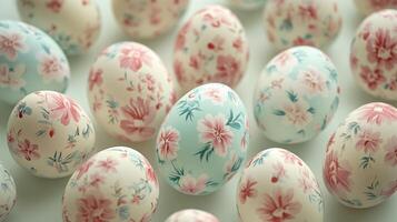 Decorative floral patterned Easter eggs arranged beautifully on a light background showcasing vibrant colors and intricate designs, Easter celebration concept photo