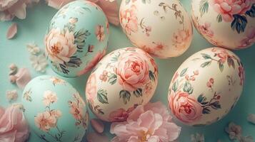 Decorative Easter eggs with floral patterns arranged on a soft background, showcasing vibrant colors and intricate designs, perfect for spring celebrations, Easter decor concept photo