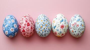 Colorful decorative Easter eggs arranged on a pastel pink background showcasing intricate floral patterns and designs, spring holiday decoration concept photo