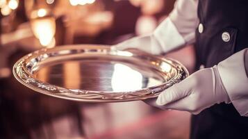 Elegant waiter presenting a polished silver serving tray in a luxurious dining setting, showcasing fine dining service and hospitality concept photo