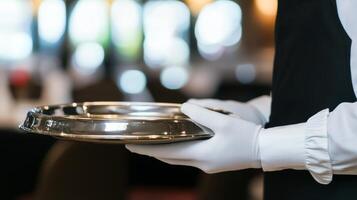 Professional waiter serving food on a silver tray in an elegant restaurant setting showcasing fine dining experience and hospitality concept photo