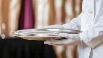 Professional waiter serving food on a silver tray in an elegant restaurant setting showcasing hospitality and fine dining experience concept photo