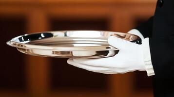 Elegant waiter presenting a polished silver serving tray in a formal setting, showcasing fine dining service and hospitality excellence concept photo