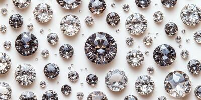 Sparkling diamonds arranged beautifully on a white surface showcasing their brilliance and clarity, perfect for luxury jewelry and fashion concepts photo