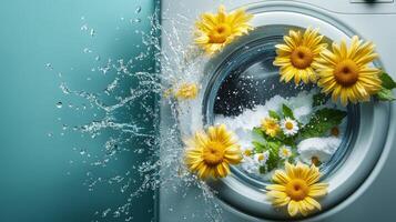 Washing machine overflowing with water and vibrant yellow flowers creating a refreshing and lively atmosphere in a modern laundry room healthy living concept photo
