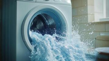 Washing machine overflowing with water creating a mess in the laundry room, highlighting the importance of maintenance and care in household appliances, water damage concept photo