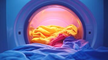 Colorful laundry inside a washing machine drum with vibrant hues of yellow and blue creating a visually appealing scene, laundry concept photo