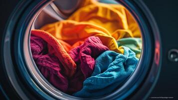 Colorful laundry spinning in washing machine drum, showcasing vibrant fabrics and textures, representing modern home cleaning practices and laundry care concept photo