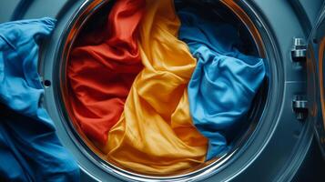 Colorful fabrics swirling in a washing machine drum showcasing vibrant hues of red, blue, and yellow, representing laundry day and fabric care concept photo