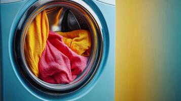 Colorful laundry spinning in a washing machine showcasing vibrant fabrics and textures, illustrating the joy of clean clothes and laundry day concept photo
