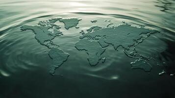 World map reflected in water surface, showcasing global geography and environmental awareness, emphasizing the importance of water conservation concept photo