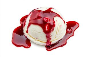 Scoop of cherry vanilla ice cream drizzled with cherry sauce on a bright white background photo