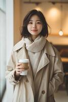 Relaxed Japanese woman enjoys latte in modern cafe with warm lighting during afternoon photo