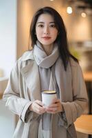 Relaxed Japanese woman enjoying a latte in a modern cafe with warm lighting during a cozy afternoon photo