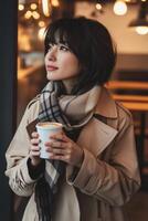 Japanese woman enjoys a latte in a modern cafe with warm lighting while wearing a beige trench coat and scarf photo