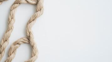 Twisted jute rope forming a loop resting gently on a white background showcasing its texture and natural color photo