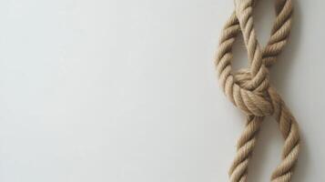 Twisted linen rope forming a loop with a simple knot on a clean white background photo