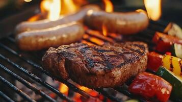 Grilled beef steaks and sausages with colorful vegetables sizzling on an outdoor grill during a summer barbecue photo