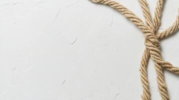 Twisted jute rope forming a loop on a textured white background creating a natural and rustic aesthetic photo